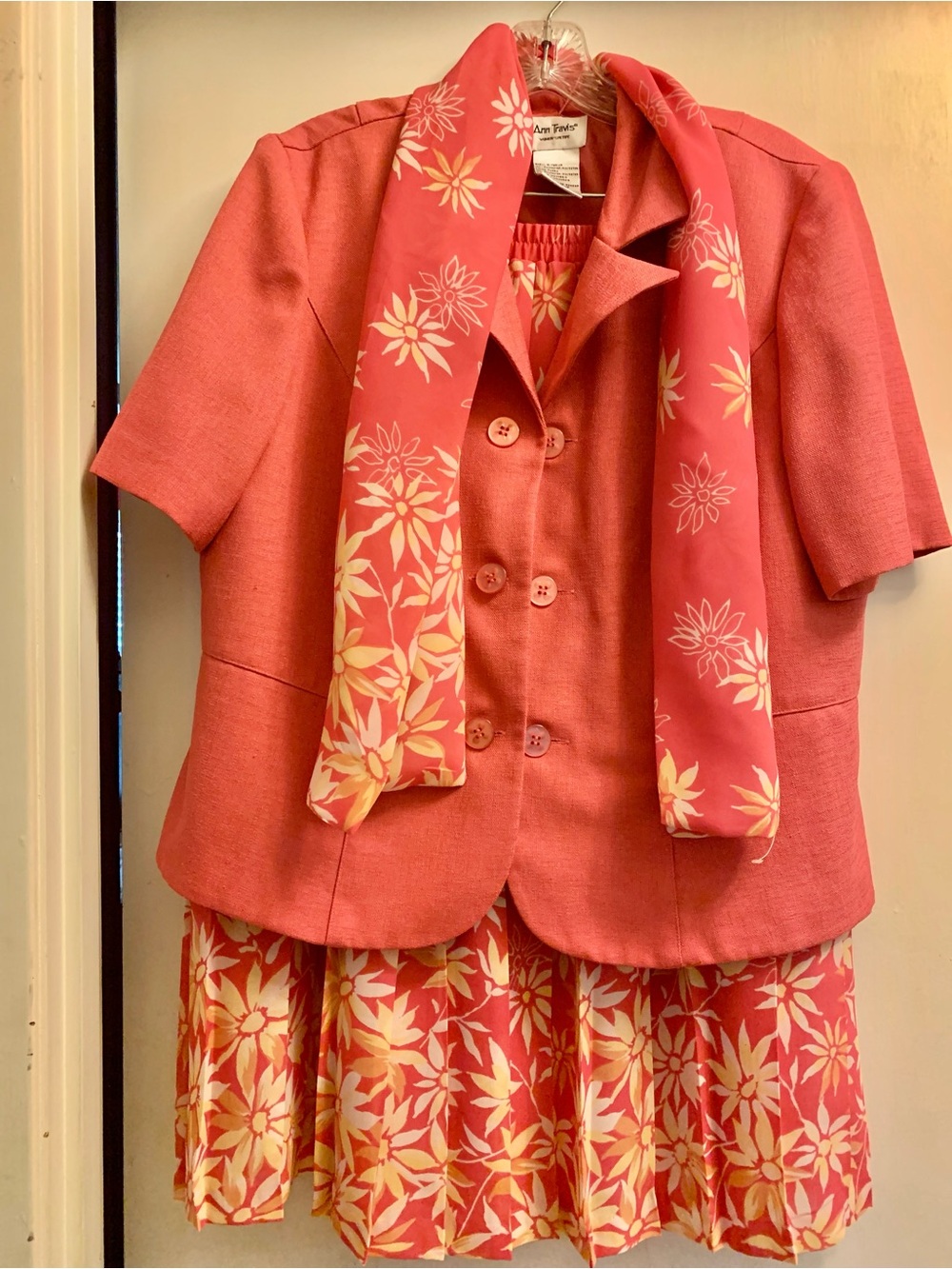 Women's Coral Floral Dress Set with Jacket and Scarf